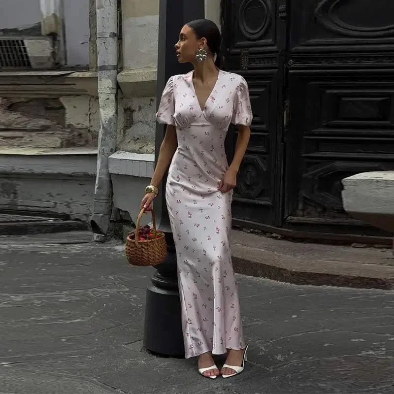 Elegant Print Women Long Dress Fashion V-neck Pleated Flutter Short Sleeve Empire Female Dresses 2026 Summer Chic Female Robe
