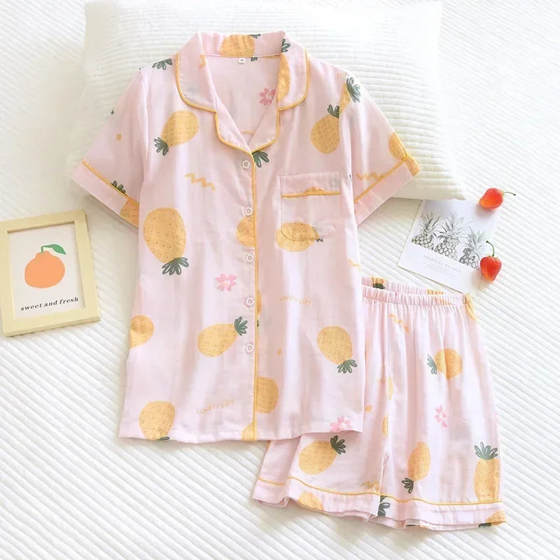 Japanese simple short pyjamas women 100% cotton short sleeves ladies pajama sets shorts Cute cartoon sleepwear women homewear