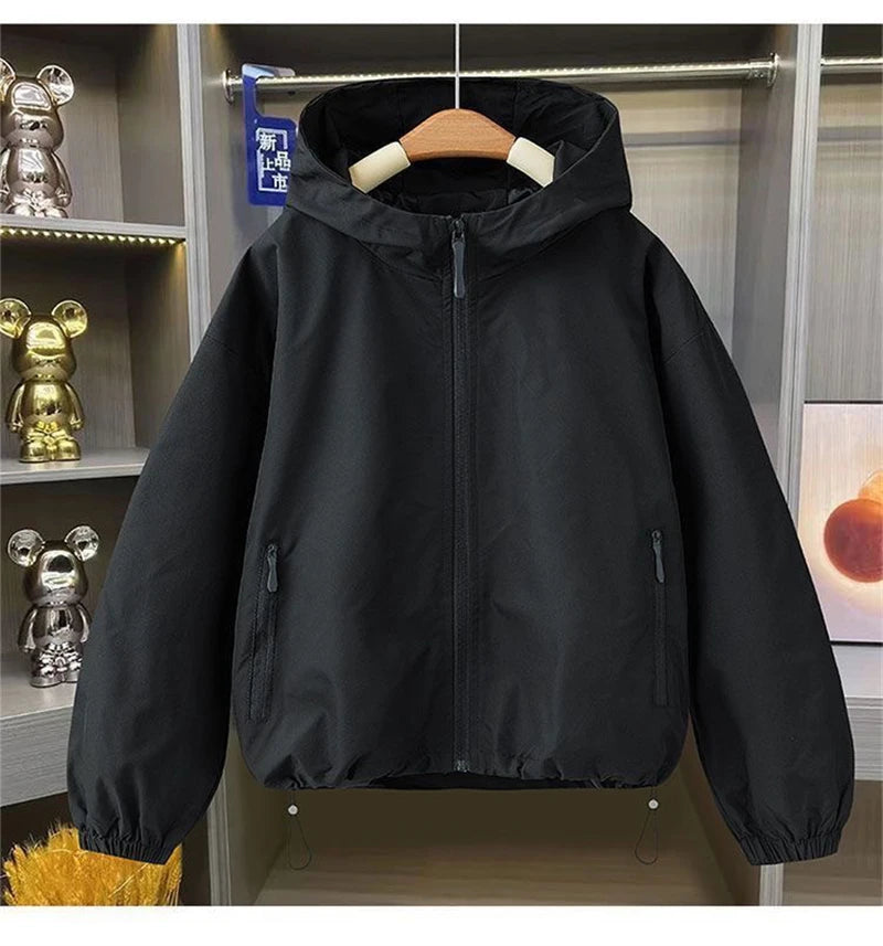 2026 Autumn Women's Coat Hooded Jacket Long Sleeve Zipper Pockets Casual Windbreaker Basic Jackets Outerwear Splicing Hooded E25