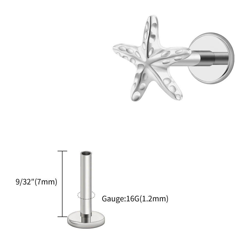 Right Grand ASTM F136 Titanium Tiny Starfish Cartilage Earring 16G Flat Back Labret Helix Stud Earlobe Piercing Summer Jewelry