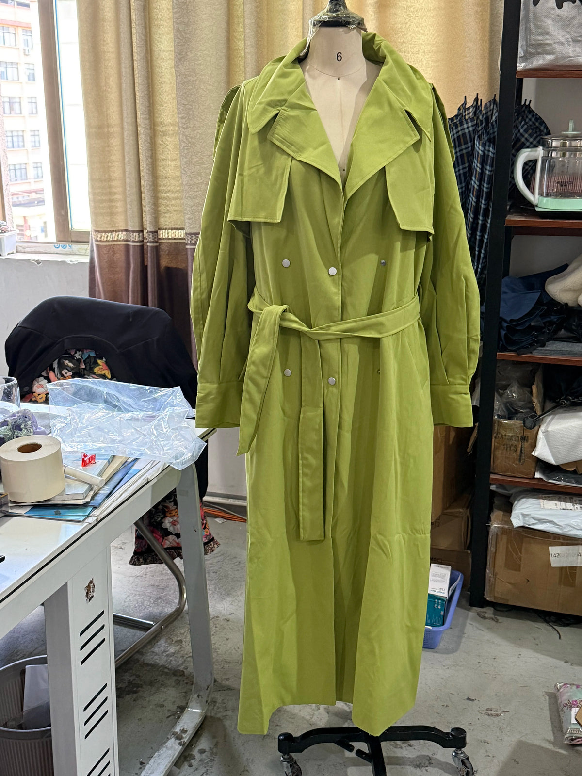 Women Green Oversized Belt Overcoat Elegant Long Sleeve Pleated Lapel Lace Up Windbreaker Autumn Lady Daily Street Outerwears