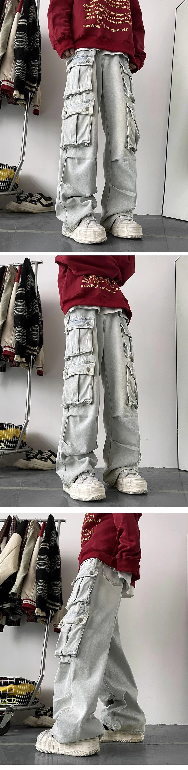 Cargo Jeans Men's Multiple pockets Patchwork Straight Casual Trousers Men Baggy Hip Hop Streetwear Loose Fashion denim Pants