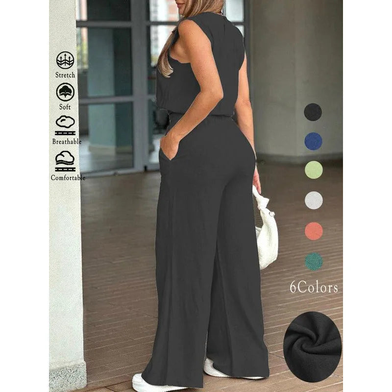 Fashion Ultra-short Sleeveless Top Trousers 2-piece Set Summer New Casual Pocket Loose Wide-leg Trousers Female Office Set 2025
