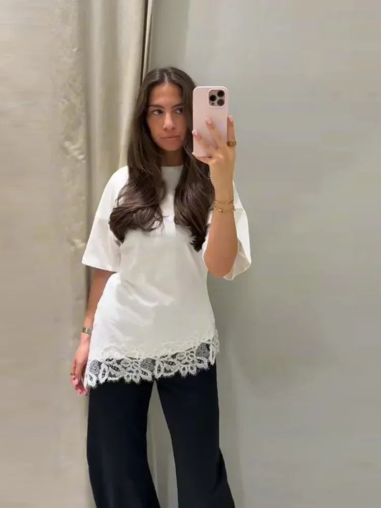 Elegant Satin Lace Patchwork Top Women Casual O-neck Loose Long Sleeves Strappy Female Shirt 2026 Spring Lady Fashion T-shirt