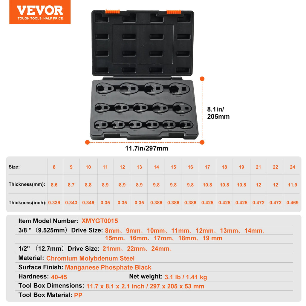 SucceBuy 14/15/20/24PCs Crowfoot Wrench Set 1/2" 3/8" Drive Crows Foot Wrench Set CR-MO Steel Crowfoot Wrench Set