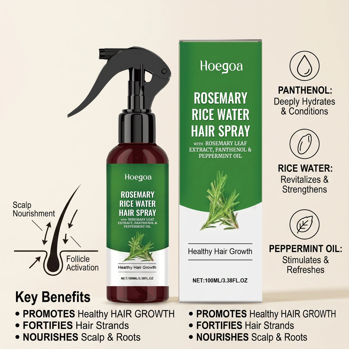 Rosemary Rice Water Hair Spray for Dry Frizzy Hair Nourishing Scalp Repair Damaged Hair Strengthen Weak Roots Reduce Breakage