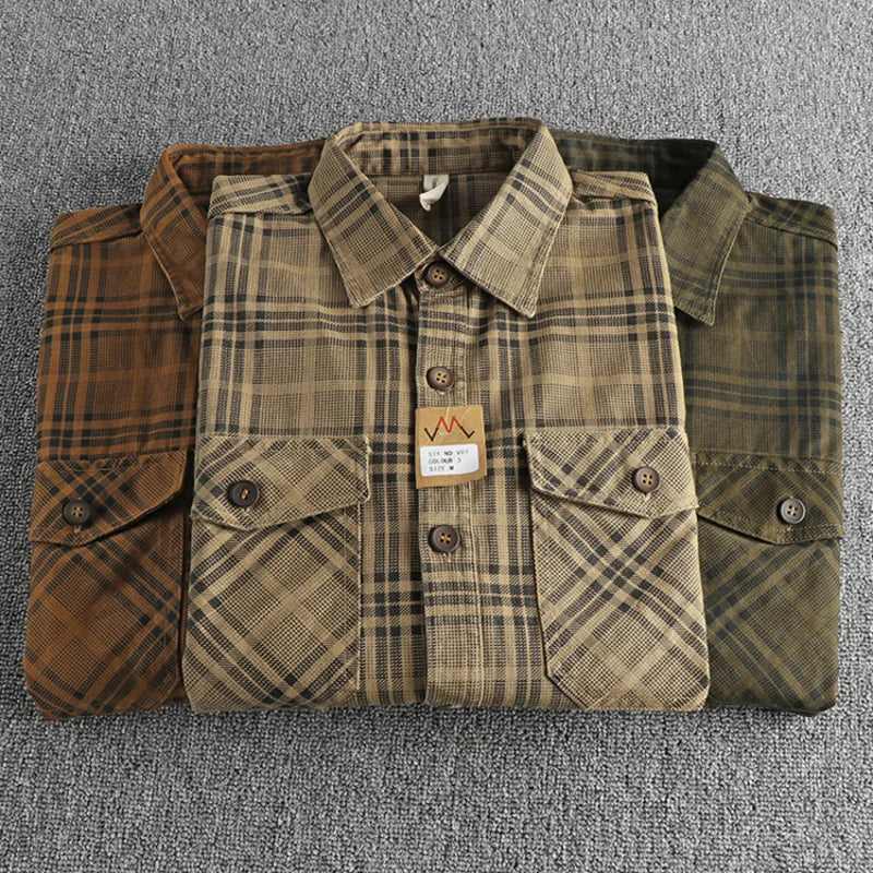 Trendy men's new fashion versatile plaid long sleeve shirt casual cotton washed thin coat