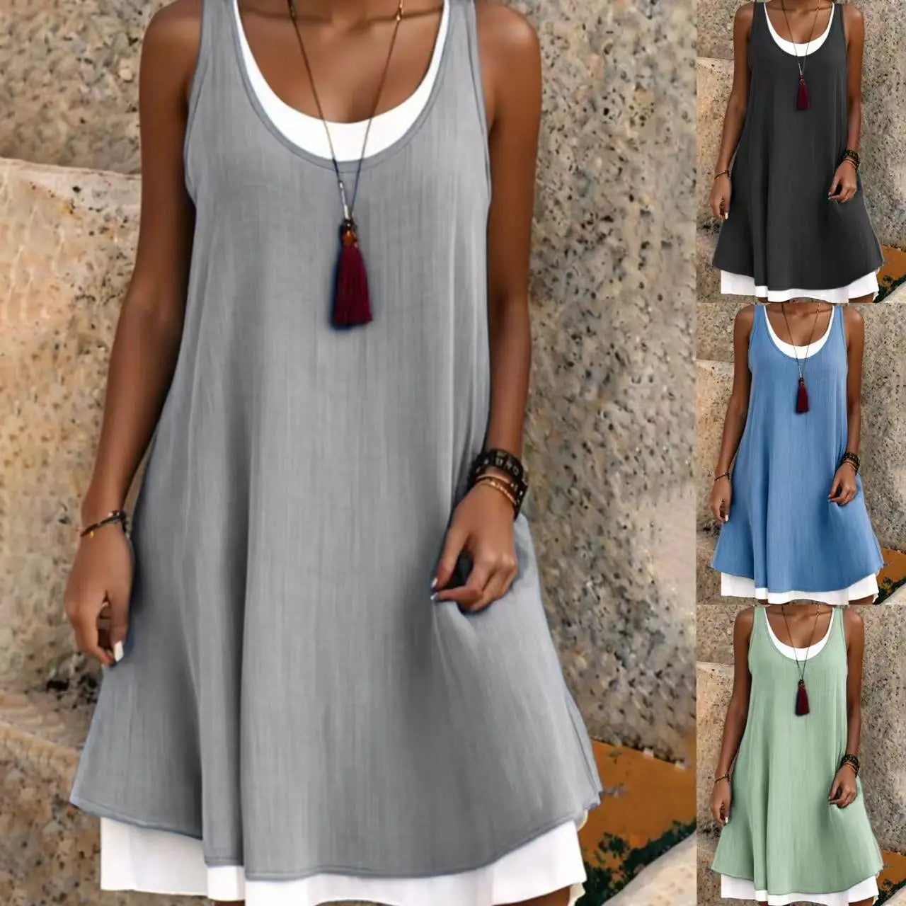 Ladies' Casual Sleeveless Design With A Fake Two Piece Loose Dress Summer Fashion Simple Sleeveless Round Neck Dress For Women