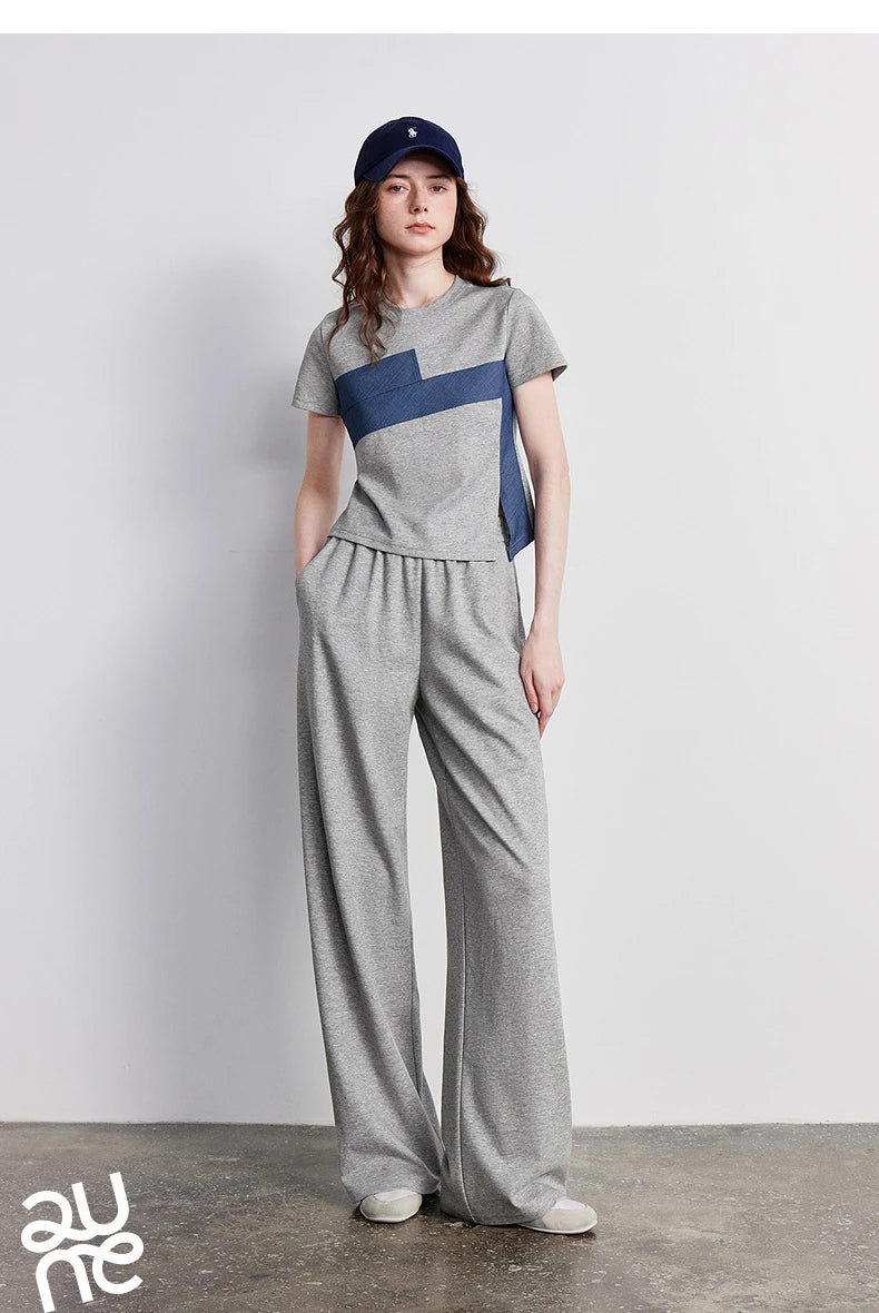 TOYOUTH Women Two Piece Set 2026 Summer New T-Shirt Wide Leg Pants Color Block Splicing Casual Sporty Trendy Outfits