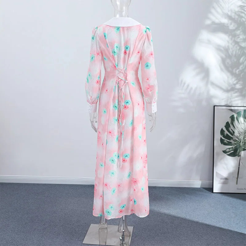 Elegant Printed V-Neck Contrast Dress Women's Side Single Breasted Lace Up Maxi Dresses 2026 Summer New Ladies Chic Party Gown