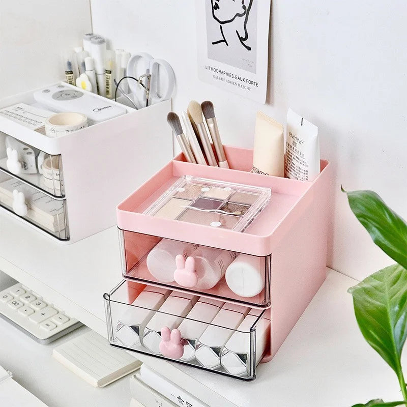 Desk Organizer with 2 Drawers, Multi-Compartment Plastic Desktop Storage Box for Stationery, Makeup & Office Supplies