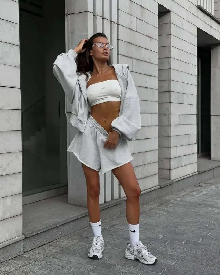 Women's Outfit Long-Sleeve Hooded Drawstring Sweatshirt Shorts Set Two-Piece Sets Sports Suit Sportswear Streetwear Trendy