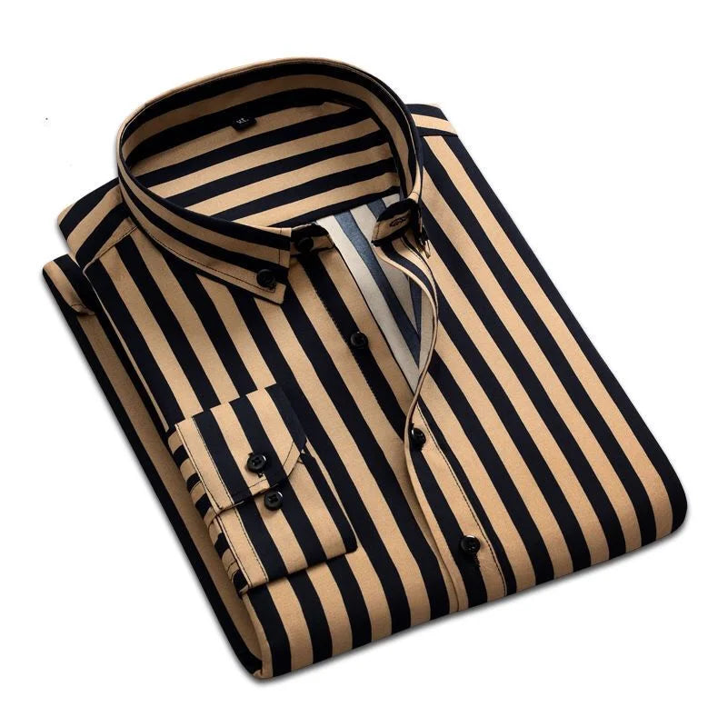 2024 Spring and Autumn Fashion Trend Casual Business Minimalist Buckle Neck Stripe Print Slim Fit Oversize Long Sleeved Shirt