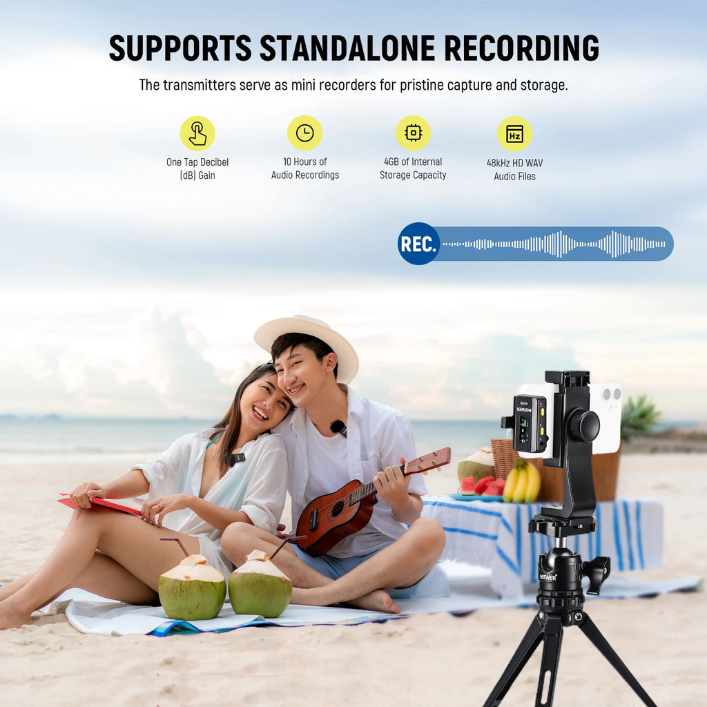 NEEWER CM28 Wireless Lavalier Microphone, 1 Click Noise Canceling, 4GB Storage, Lapel Mic For IPhone/Android/PC/Camera/iPad