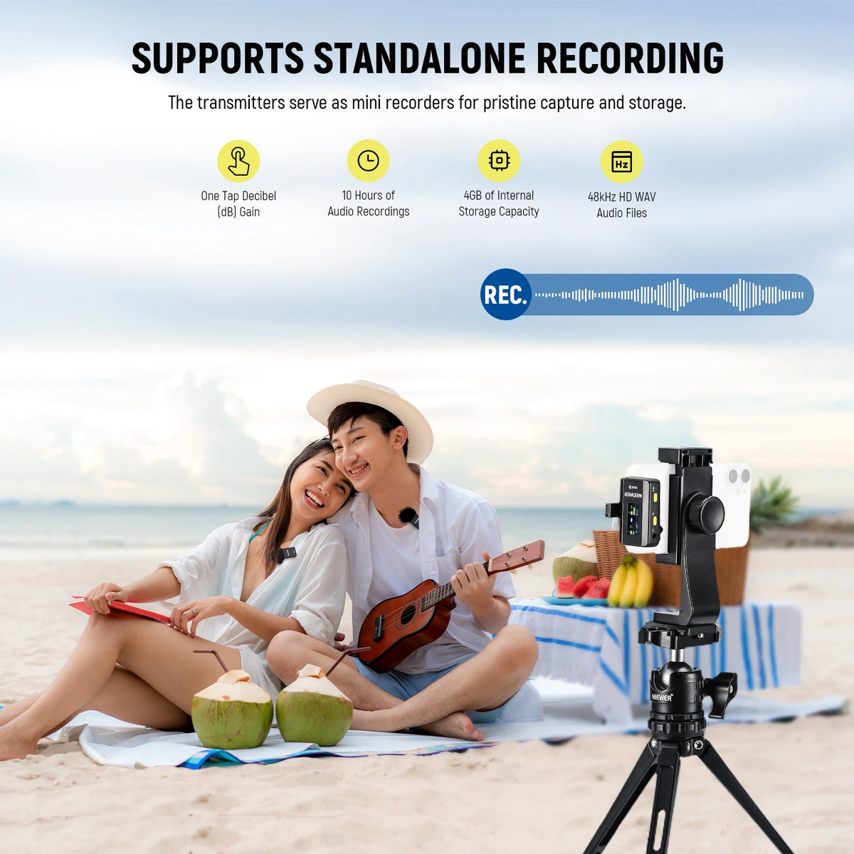 NEEWER CM28 Wireless Lavalier Microphone, 1 Click Noise Canceling, 4GB Storage, Lapel Mic For IPhone/Android/PC/Camera/iPad