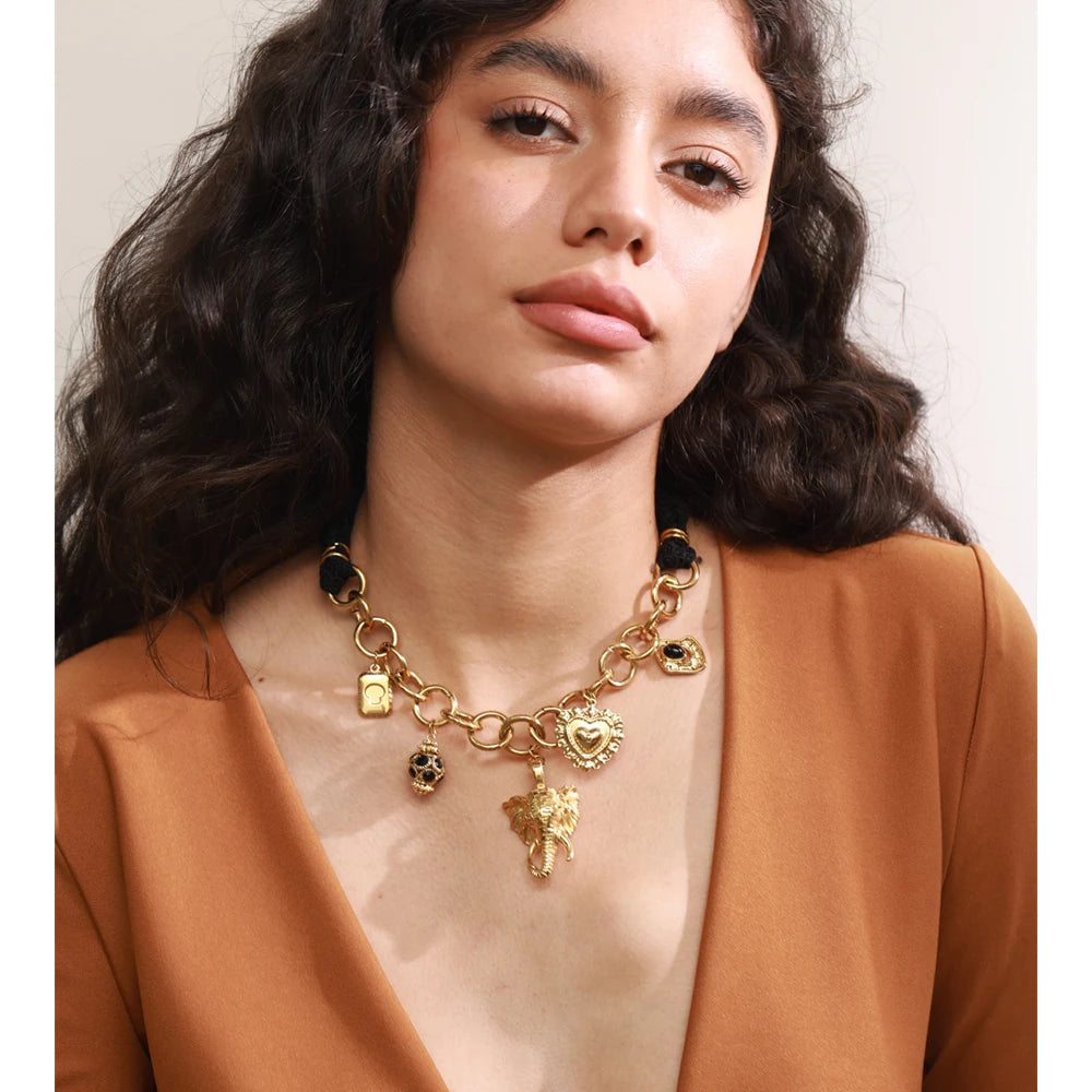 Yhpup 2025 Black Lace Chain Heart Elephant Pendant Statement Necklace 18K Golden Plated Stainless Steel Charms Handmade Jewelry