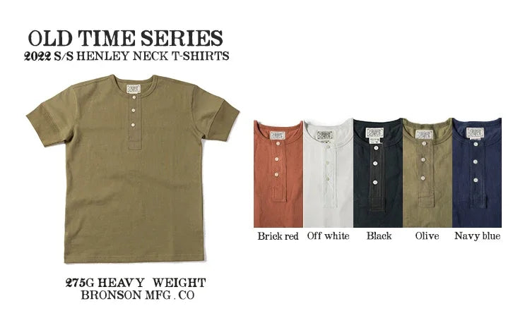 Bronson Vintage Short Sleeve Henley T-Shirt Retro Style Mens Cotton Tee Shirt