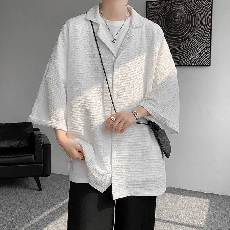 Ice Silk Shirt Men's High Quality Summer Fashion Brand ins 5-sleeve shirt loose casual masculina camisas hombre