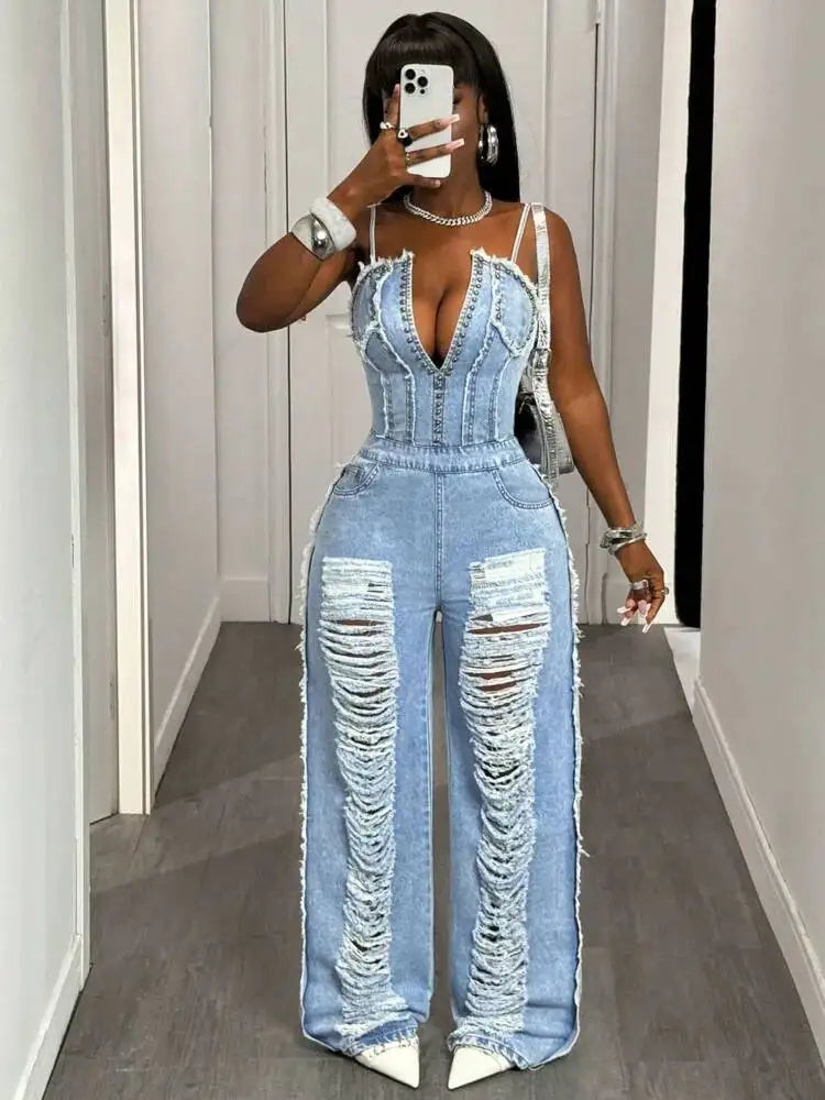 SHENGPALAE Women Denim Jumpsuit Spaghetti Strap Wide Leg Ripped Frayed Pocket Street Washed Autumn 2026 New 05E03276