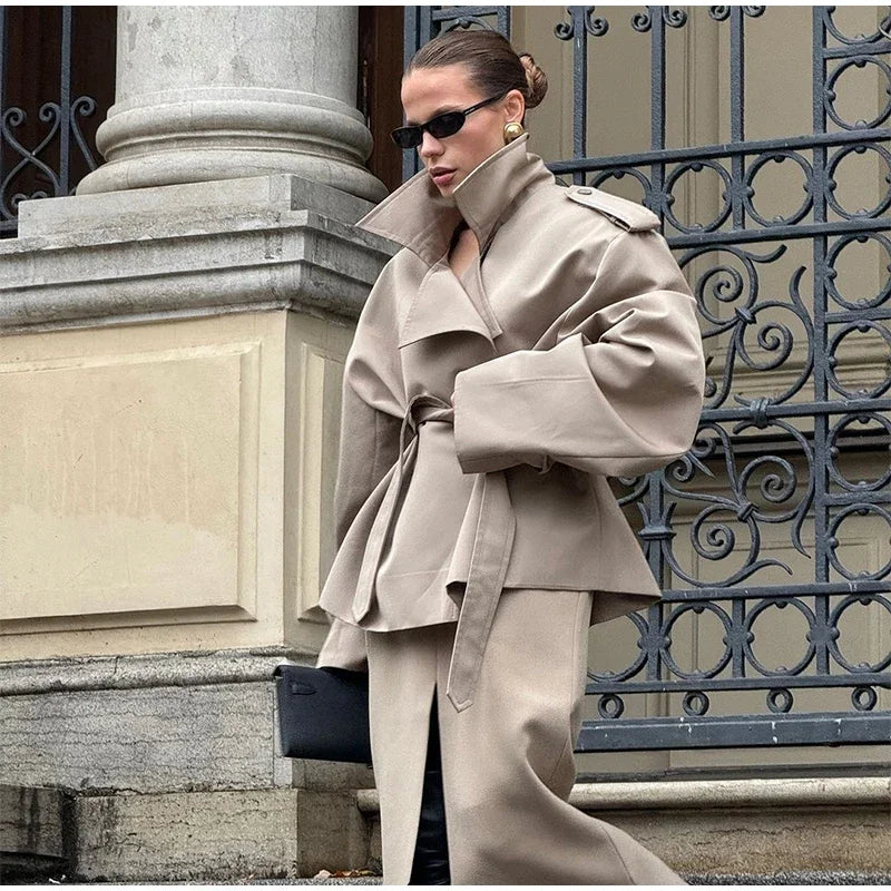Khaki Lace Up Cape Trench Coat Loose Solid Full Sleeve Lapel Windbreaker 2026 Autumn New Fashion Commute Casual Daily Coats