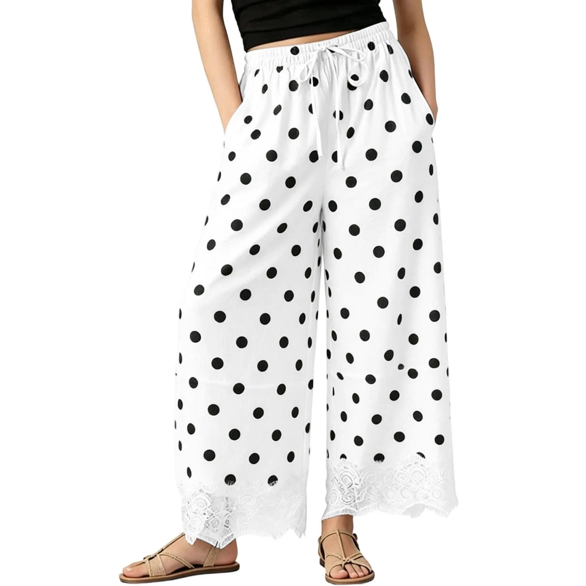 Vintage Polka Dot Women's Pants Lace Hem Loose Wide Leg Pants Drawstring Elastic Waist Side Pocket Baggy Trousers Pantalones
