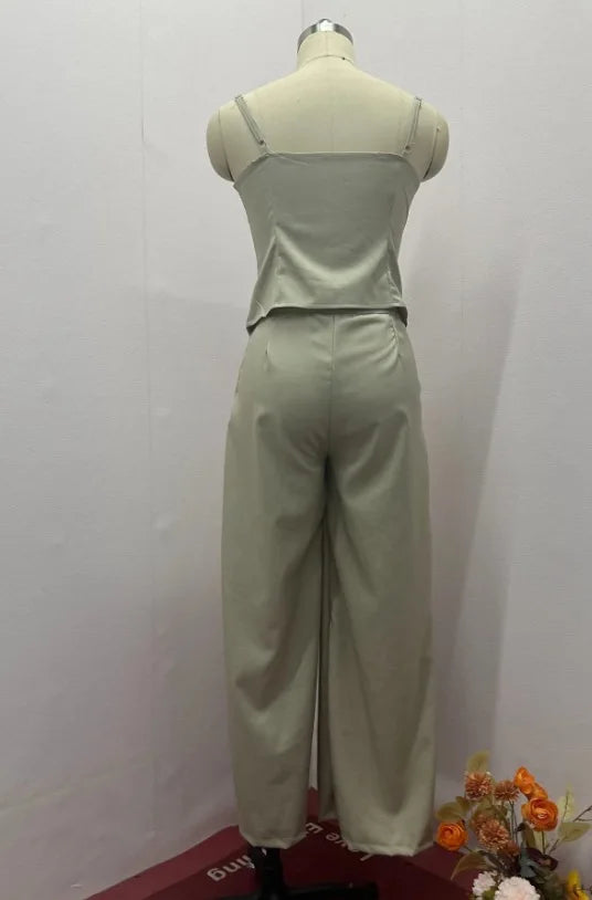 Summer Leisure High Street Outfit Office Lady Solid Color Slim Two Piece Set Chic Sleeveless Bandage Tank Tops&Pocket Pants Suit