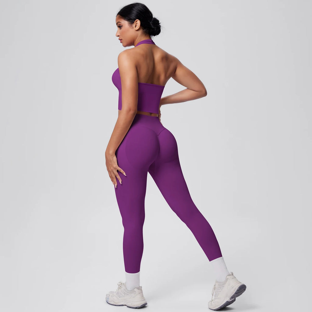 Rooftrellen 2PCS/set Women Gym Sports Yoga Set Breathable Shockproof Workout Top Backless Bra Push Up Fitness Pants Yoga Set