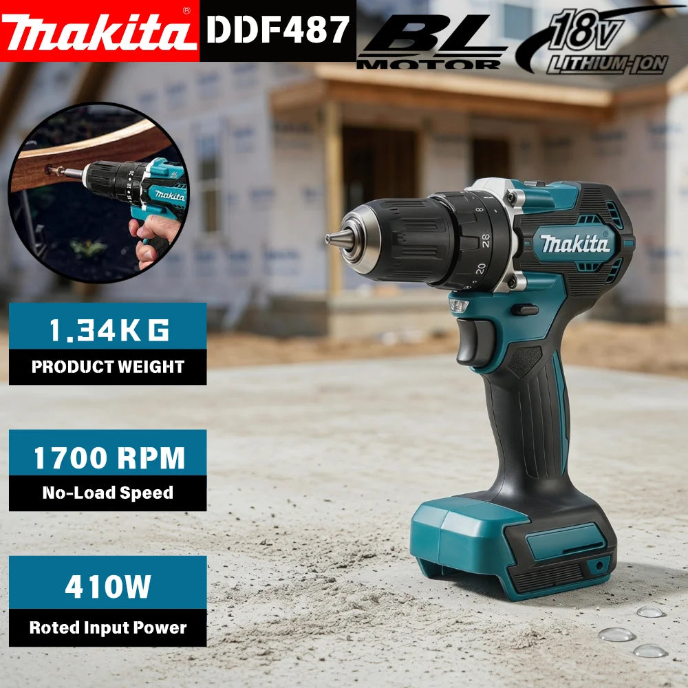 Makita DDF487 18V Lithium Brushless Hand Drill Driver Ergonomic Cordless Gear For Hardware Mounting Repairs
