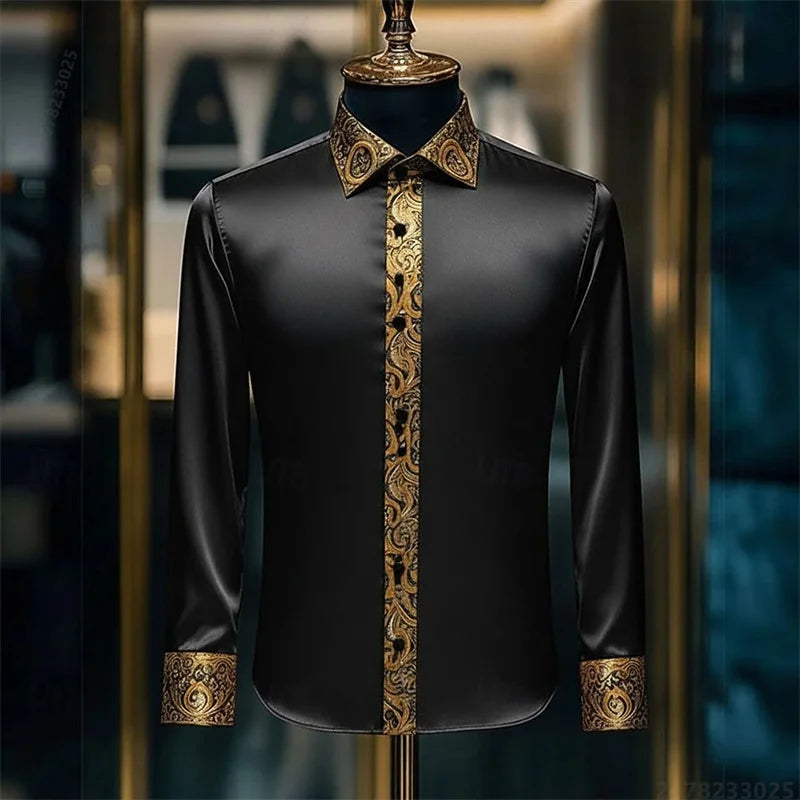 Luxury 3D Printed Long-Sleeve Men's Shirt, Baroque Gold Pattern Slim Fit Dress Shirt, Business Banquet Men's Shirt, Sizes XS-6XL