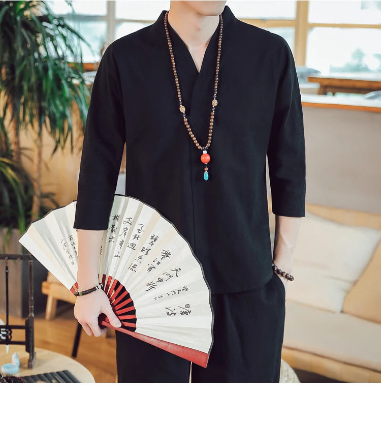 Summer Kimono Japanese Style Short Sleeve Men New Half-sleeved Cotton Linen Breathable Men Clothing T-shirt Japanese Yukata Tops