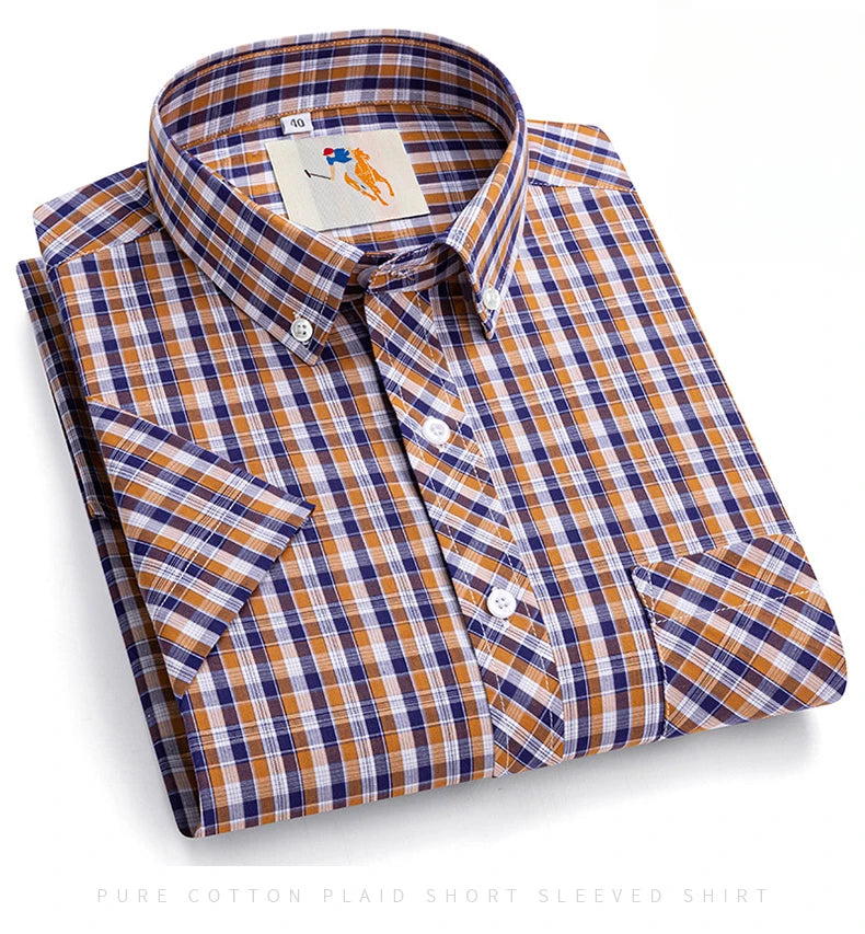Fashion Korean Plus Size 8XL 100%Cotton Short Sleeve Shirts for Men Slim Fit Formal Plain Shirt Plaid Hawaiian Shirt Casual Top