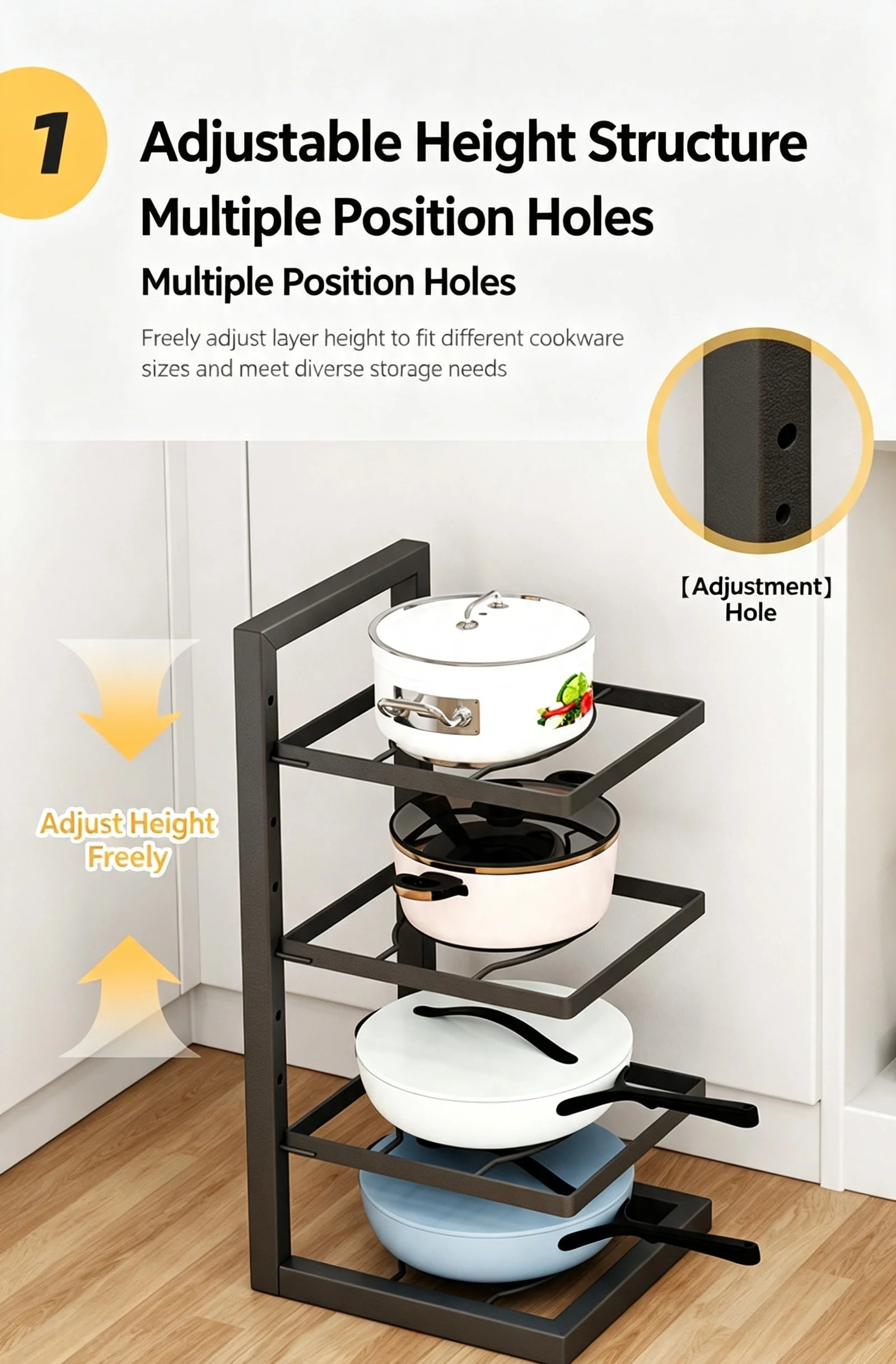 Adjustable Pot Rack Organizer, Kitchen Carbon Steel Pot Storage Rack, Multi-Layer Household Pot and Pan Organizer for Cabinet Un