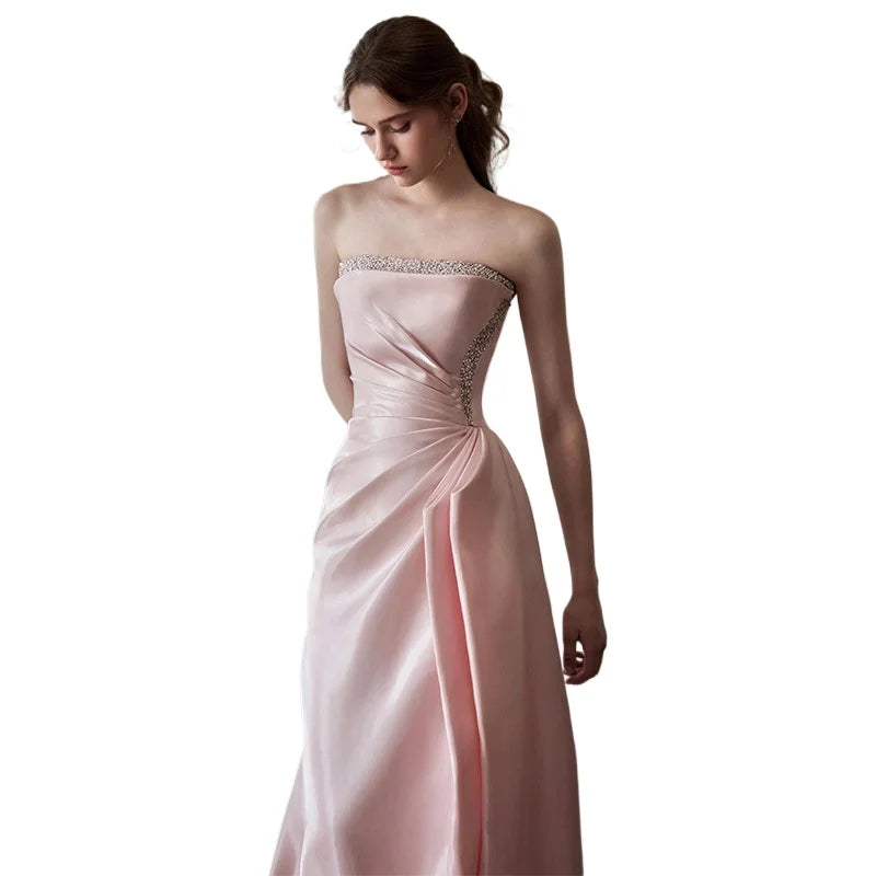 Pink Strapless French Evening Gown 2026 New High-end Annual Meeting Host Engagement Banquet Bride Toast Costume Customization