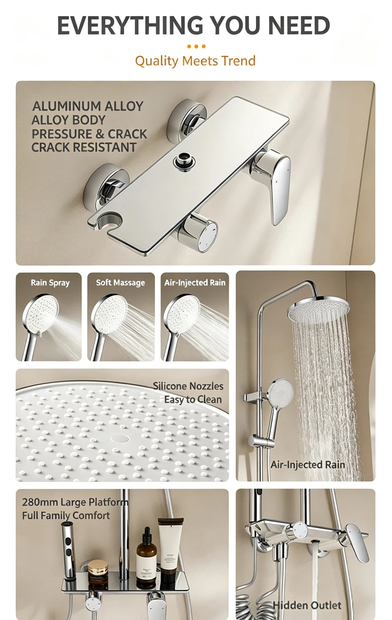 Modern Various Bathroom Shower Set Wall Mounted Aluminum Rainfall Shower Faucet Set Bathtub Showers Full Kit