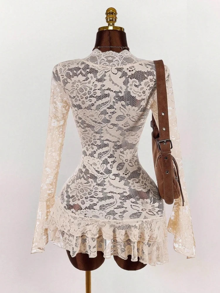 Wmstar Dresses for Women Wholesale Ruffled Lace V Neck Belted Short Dress See Through Design Suitable Beach Vacation 2026