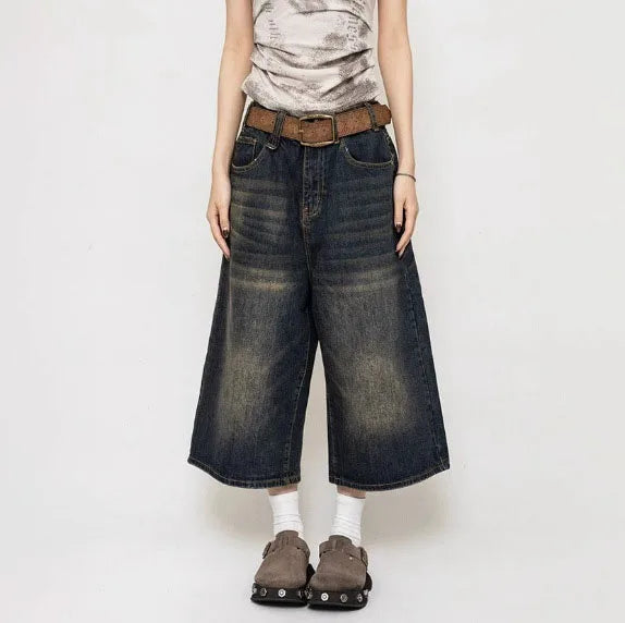 High Waist Black Retro Washed Denim Shorts Women's Harajuku Vintage Fashion Casual Loose Y2K Streetwear Mid Long Wide Leg Pants
