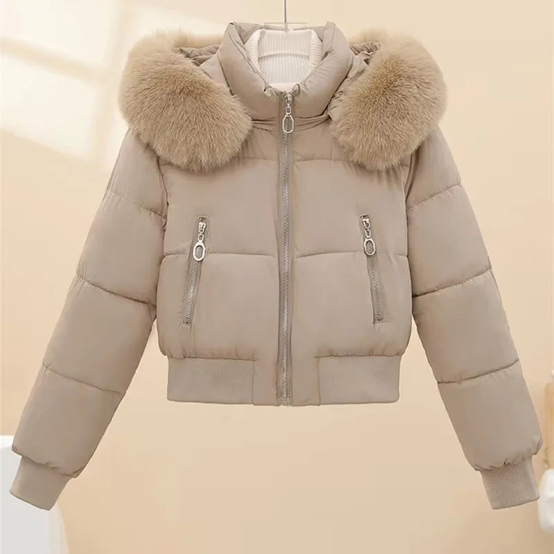 Women Winter Cotton Coat Short Fur Collar Hooded Outerwear Windproof Warm Long Sleeve Jacket Solid Color Slim Fit Lady Down Coat