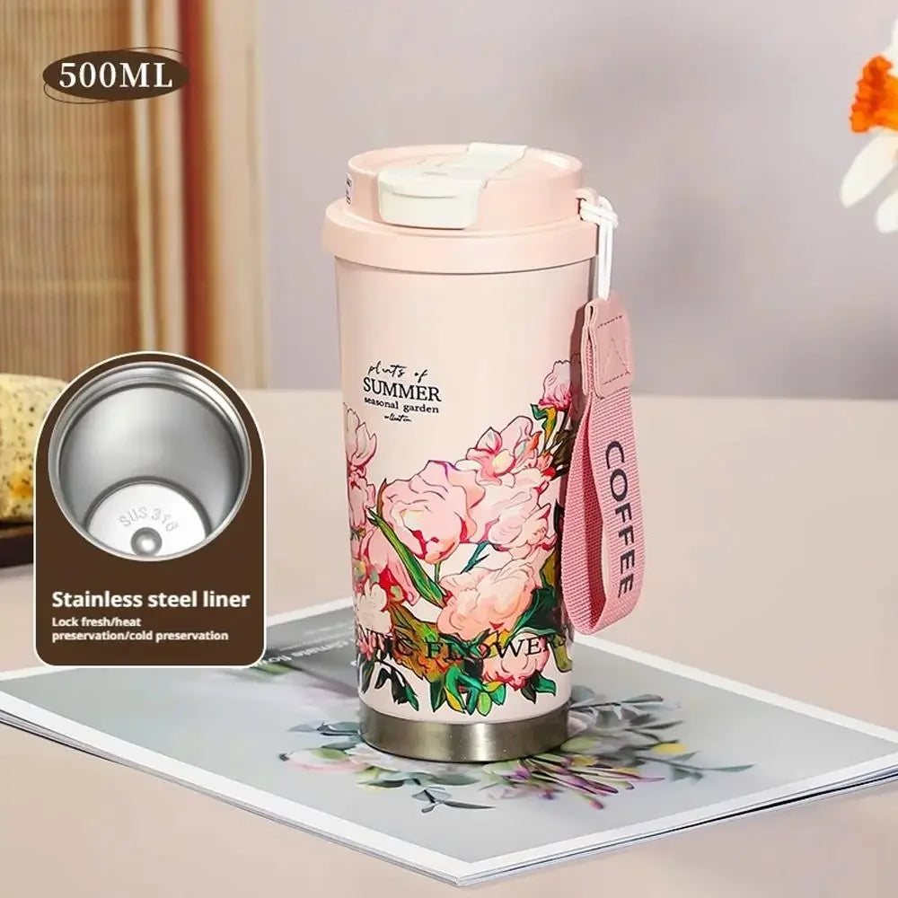500ml vintage coffee cup sunflower women's cup portable travel cup leak proof double wall insulated cup vacuum drum