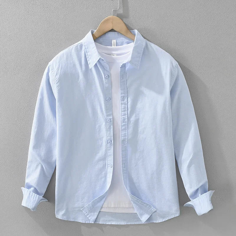 7369 Cotton Linen White Shirt for Men Good Quality Solid Color Simple Basic Long Sleeve Loose Casual Lapel Blouse Breathable Top