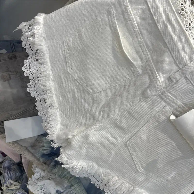 Light Blue Denim Shorts For Women High Waisted Raw Hem Lace Patchwork Petite Shorts Summer Casual Slim Fit Hot Pants