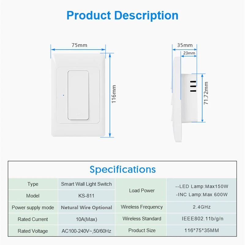 Tuya WiFi Light Switch Smart Wall Push Button Switches No Neutral Required 110-240V 1/2/3 Gang Physical Lamp Switch APP Voice
