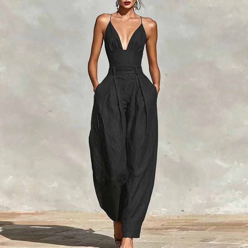 Elegant Sexy V-Neck Spaghetti Strap Jumpsuit Women High Waist Wide Leg Casual Romper Spring Boho Solid Backless Pockets Overalls
