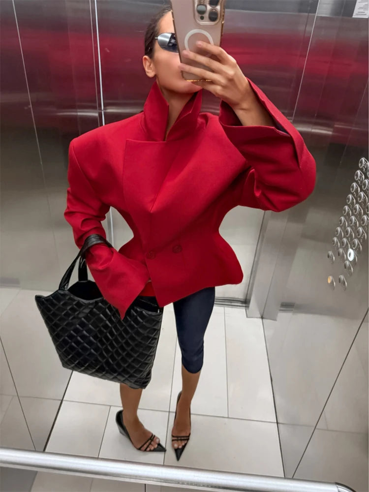 Dark Burgundy Waist-Cinching Shoulder Pad Blazer 2026 Women's Stand Collar Button Design Height-Enhancing Slimming Commute Coat