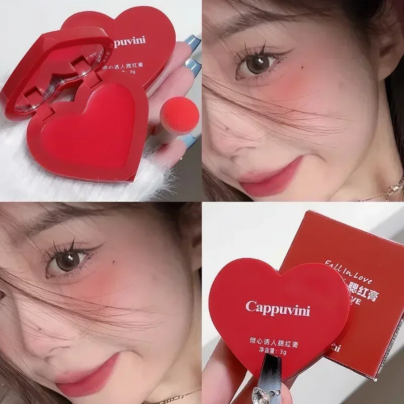 Love Air Cushion Powder Blusher with Mirror Red Rouge Matte Whitening Waterproof Makeup Cheek Tint Contour Peach Blush Cream