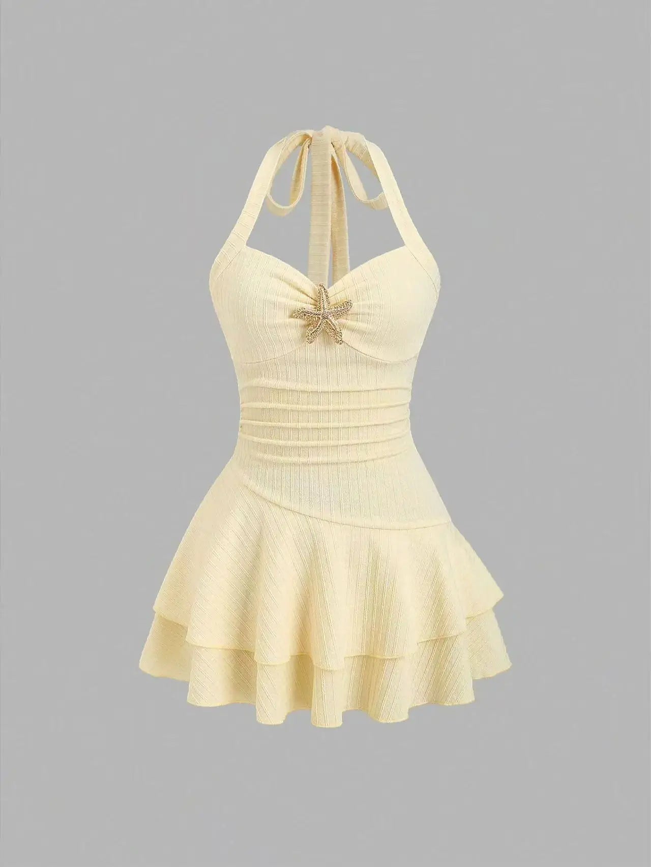 Women Summer Halter Mini Dress Sexy Tiered Ruffle Bodycon Short Dress with Starfish Decor Vacation Beach Party Outfit