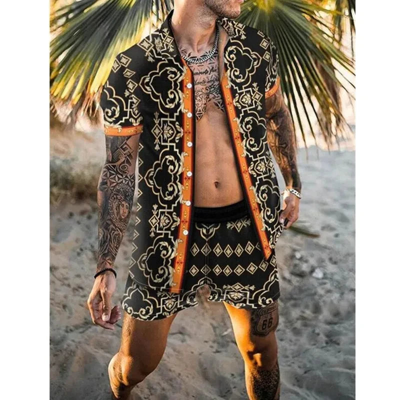 2024 Summer Men's Fashion Leopard Print Short Sleeve Shirt And Shorts Set Beach Style T Shirt Breathable Shorts Two Piece Set
