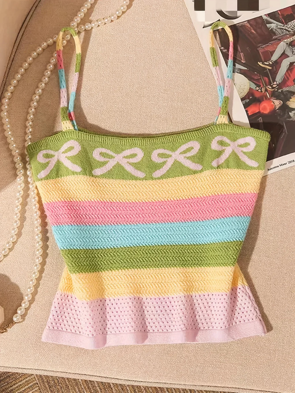 New Elegant Spring Summer Collection from Europe And America Featuring a Knitted Tank Top with a Bow And Rainbow Stripes Camis