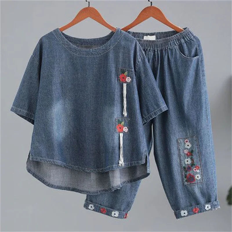 Women Denim Set Female Jeans Two Piece Set 2025 New Spring Summer Thin Korean Loose Cowboy Pants 2 Piece Set Large Size 2PCS