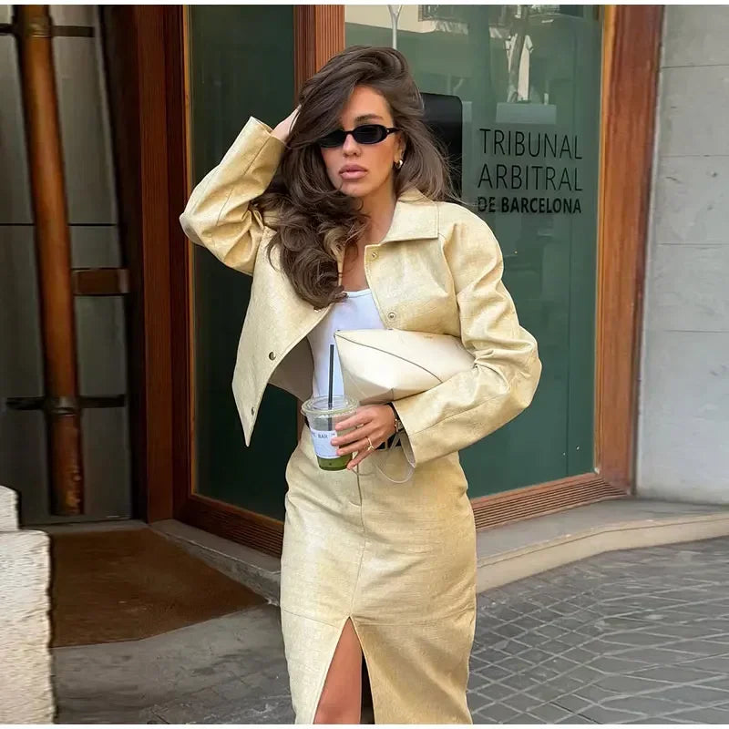 Women's Skirt Sets Crocodile Faux Leather Lapel Long Sleeve Button Oversized Jackets Straight Skirts Autumn Female Loose Outfits