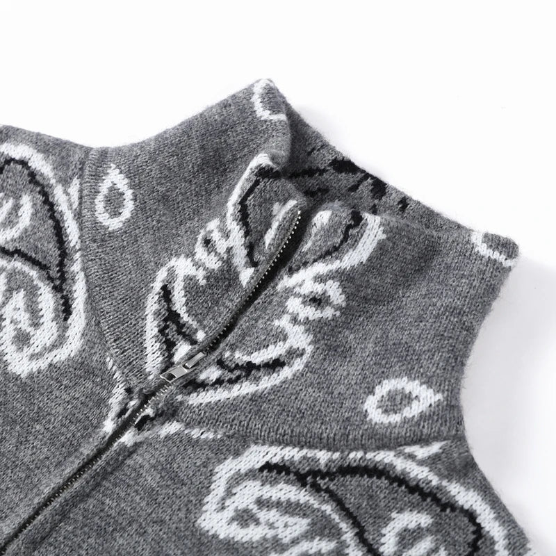 Elegant Knitted Print Women's Cardigan Loose Full Sleeve Stand Collar Zipper Sweaters Female 2026 Autumn Outwear Pockets Lady